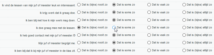 4. Vervolgens klik je op het wijzigen-potloodje achter de leerling waarvoor je iets wilt wijzigen. 5. De vragenlijst opent dan. Je kunt nu een stelling wijzigen. 6.