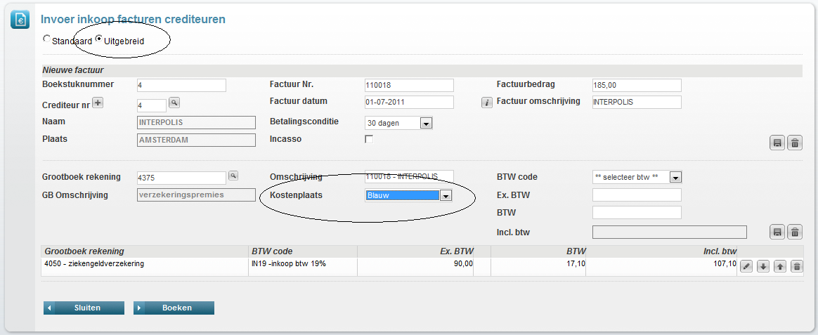 3.1.11 Boeken Kostenplaats Wordt er gewerkt met kostenplaatsen dan kunt u deze, indien u inboekt via de optie uitgebreid, selecteren in het schuifvenster en per factuur ( regel) koppelen aan de