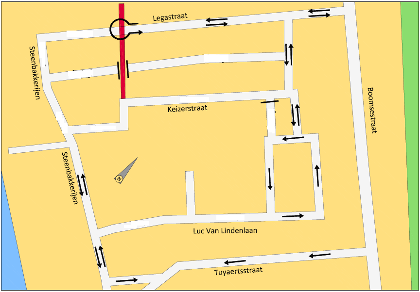 - Enkelrichtingsverkeer in de Keizerstraat in het gedeelte tussen de aansluiting met de Luc van Lindenlaan en Steenbakkerijen in de richting van de Luc Van Lindenlaan - Enkelrichtingsverkeer in de
