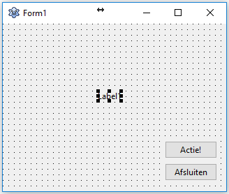 Nu gaan we er voor zorgen, zoals eerder gezegd, dat als er op de Actie!-knop geklikt wordt, dat dan de tekst van Label1 verandert. We willen dat de tekst veranderd wordt in Dit is een test!