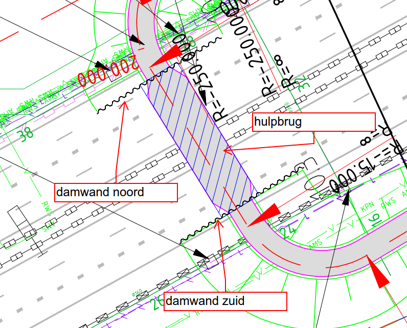 Ten behoeve van de oplegging van de hulpbrug en het keren van het grondlichaam wordt de verankerde damwand toegepast over het onderstaande traject: In de berekening van de onderbouw dient tevens