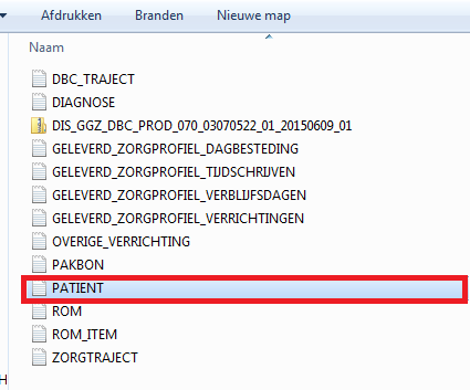 Na het bestand te hebben uitgepakt, zult u een aantal bestanden aantreffen, waaronder PATIENT.txt (zie figuur 11). U treft deze aan onder het bestand PAKBON.txt. Figuur 11: patient.