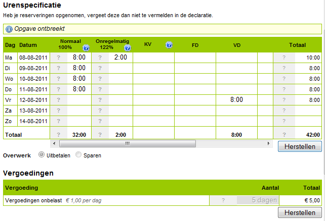 OVERZICHT DECLARATIES In het overzicht staan alle urendeclaraties per week onder elkaar op volgorde van weeknummer.