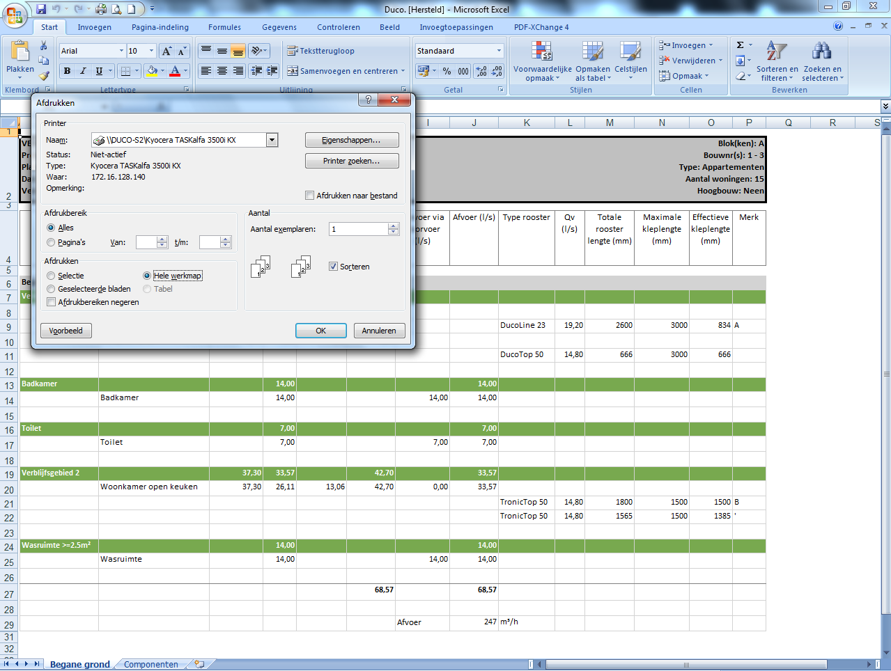 Vink Hele werkmap in Excel aan als u uw ventilatieberekening wenst af