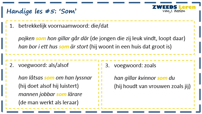 5. Handige les #5: Meervoud ett-woorden Het korte Zweedse woordje 'som' kan zoals blijkt uit het leskader (zie foto) meerdere dingen betekenen.