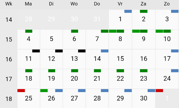 Stap 4: Rooster inzien Door op het menu icoon te klikken kan je kiezen uit een maand-, week-, of dag overzicht: Per dag wordt jouw planning en beschikbaarheid getoond. In de app kan je d.m.v. swipen wisselen van dag, week of maand.