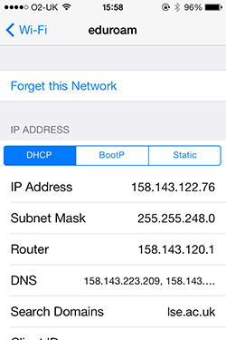 Ipad / IPhone - Open het Wifi scherm in Instellingen. Klik op de blauwe i achter eduroam. - Klik op Vergeet dit netwerk. - Bevestig dat je het netwerk wilt vergeten.