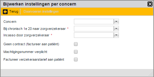 2 Stap 1 - Facturatie instellingen (Fysio, OT & Ergo) De pop-up Bijwerken instellingen per concern verschijnt zodra u onder het Jaarwerk Stap 1. Instellingen aanklikt.