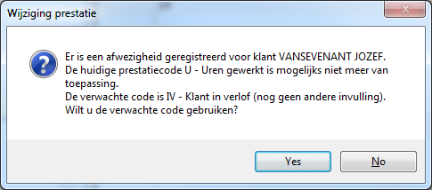 1 Resetten prestatiecode bij wijzigen klant in de planning Bij het wijzigen van een klant en indien nodig, wordt de prestatiecode gereset volgens onderstaande prioriteit: een feestdag of vervangende