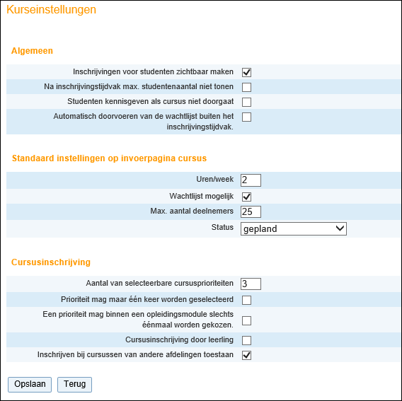 WebUntis 2017 Student 4 3 Instellingen Via Cursussen Instellingen kunnen verschillende standaardinstellingen voor het aanmaken van cursussen (en cursusconcepten) worden ingesteld. Let op!