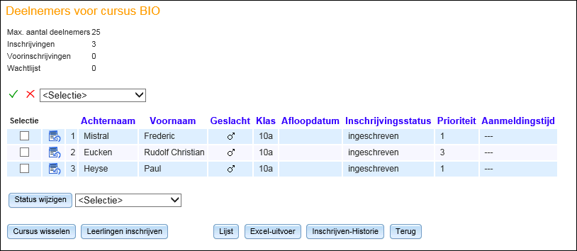 WebUntis 2017 Student 5 De cursuscoördinator ziet nu naast de inschrijvingsstatus van de deelnemers ook de prioriteiten.