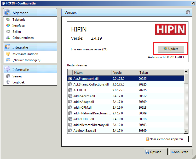 Wanneer de update is gedownload word de knop Update weergeven. Kies Update om de nieuwe versie van HIPIN te installeren.