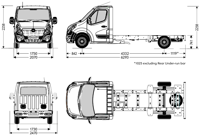 Maten en gewichten 5/13 Chassis Cabine L3H1 FWD Chassis Cabine L3H1 3500 Afmetingen (mm) Wielbasis 4.332 Totale lengte 6.293 Maximal geoorloofde voertuig lengte 7.298 Overbouw voor/achter 842/1.