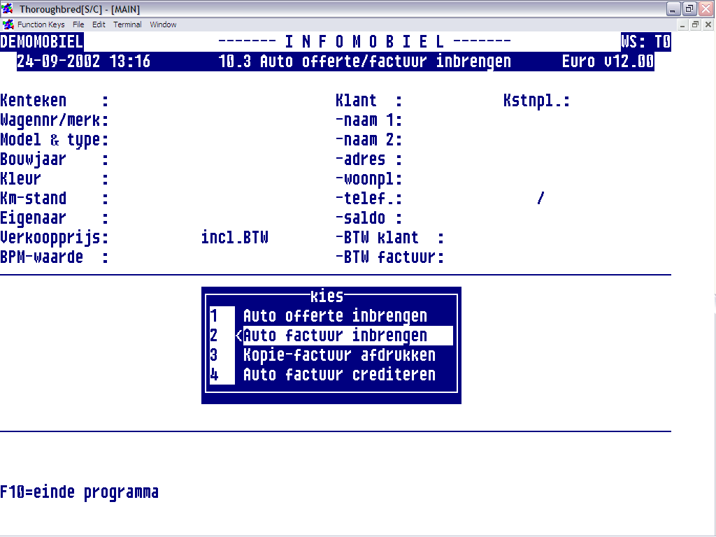 AUTO VERKOOP MENU 1. Auto offerte inbrengen; om potentiele kopers van een prijsadvies te voorzien. 2. Auto factuur inbrengen; om een auto uit te factureren.