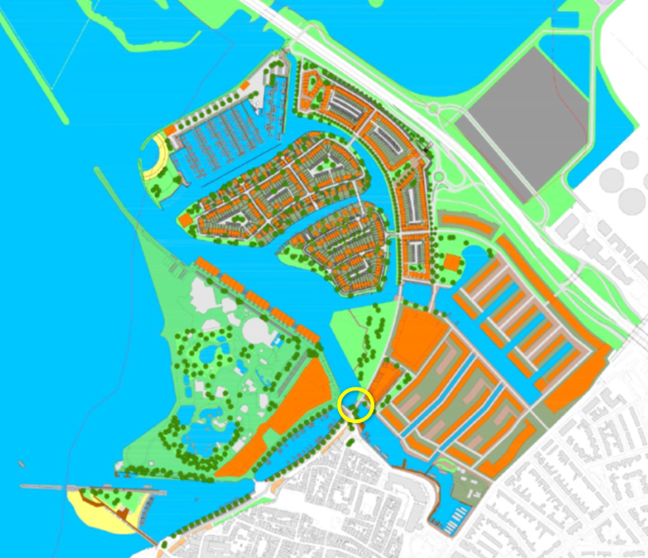 Uitsnede uit het ruimtelijk plan voor Waterfront-Zuid; de locatie van het wijzigingsplan is indicatief met een gele cirkel aangegeven. 1.