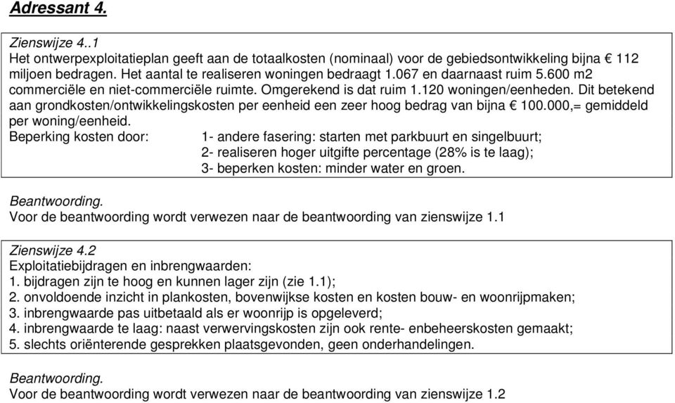 Dit betekend aan grondkosten/ontwikkelingskosten per eenheid een zeer hoog bedrag van bijna 100.000,= gemiddeld per woning/eenheid.