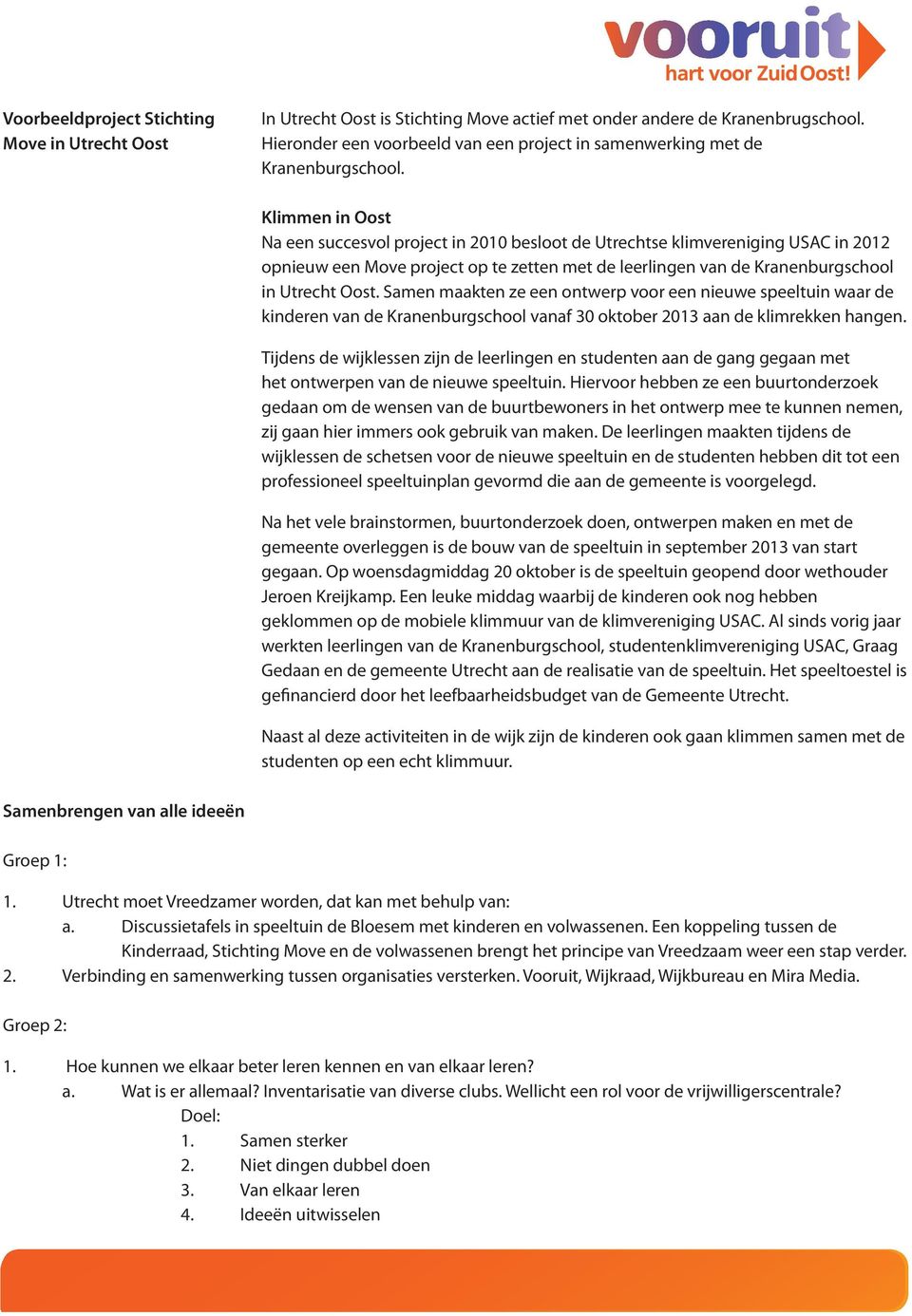 Klimmen in Oost Na een succesvol project in 2010 besloot de Utrechtse klimvereniging USAC in 2012 opnieuw een Move project op te zetten met de leerlingen van de Kranenburgschool in Utrecht Oost.