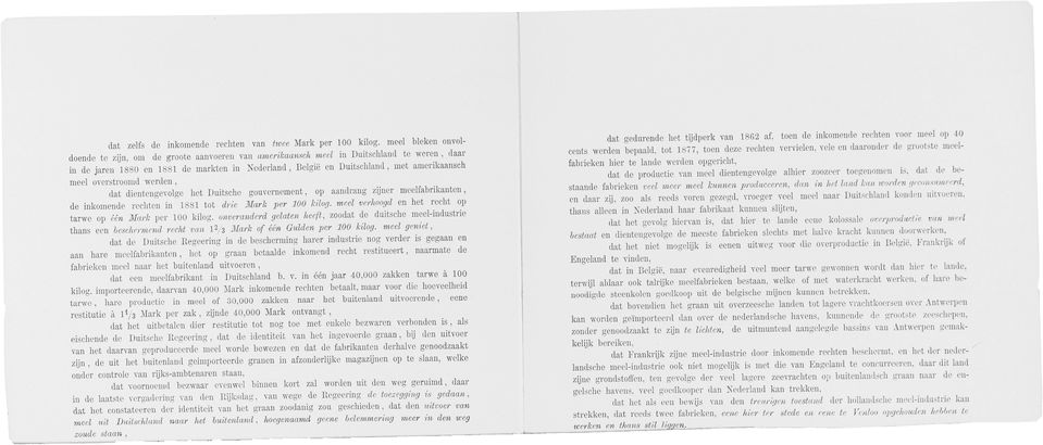 meel overstroomd werden, dat dientengevolge het Duitsche gouvernement, op aandrang zijner meelfabrikanten, de inkomende rechten in 1881 tot drie Marh per 100 Mog.