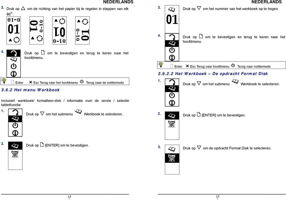 2 Het Werkboek De opdracht Format Dsk Enter Esc Terug naar het hoofdmenu Terug naar de nottemode 3.6.2 Het menu Workbook 1. Druk op om het submenu Werkboek te selecteren.