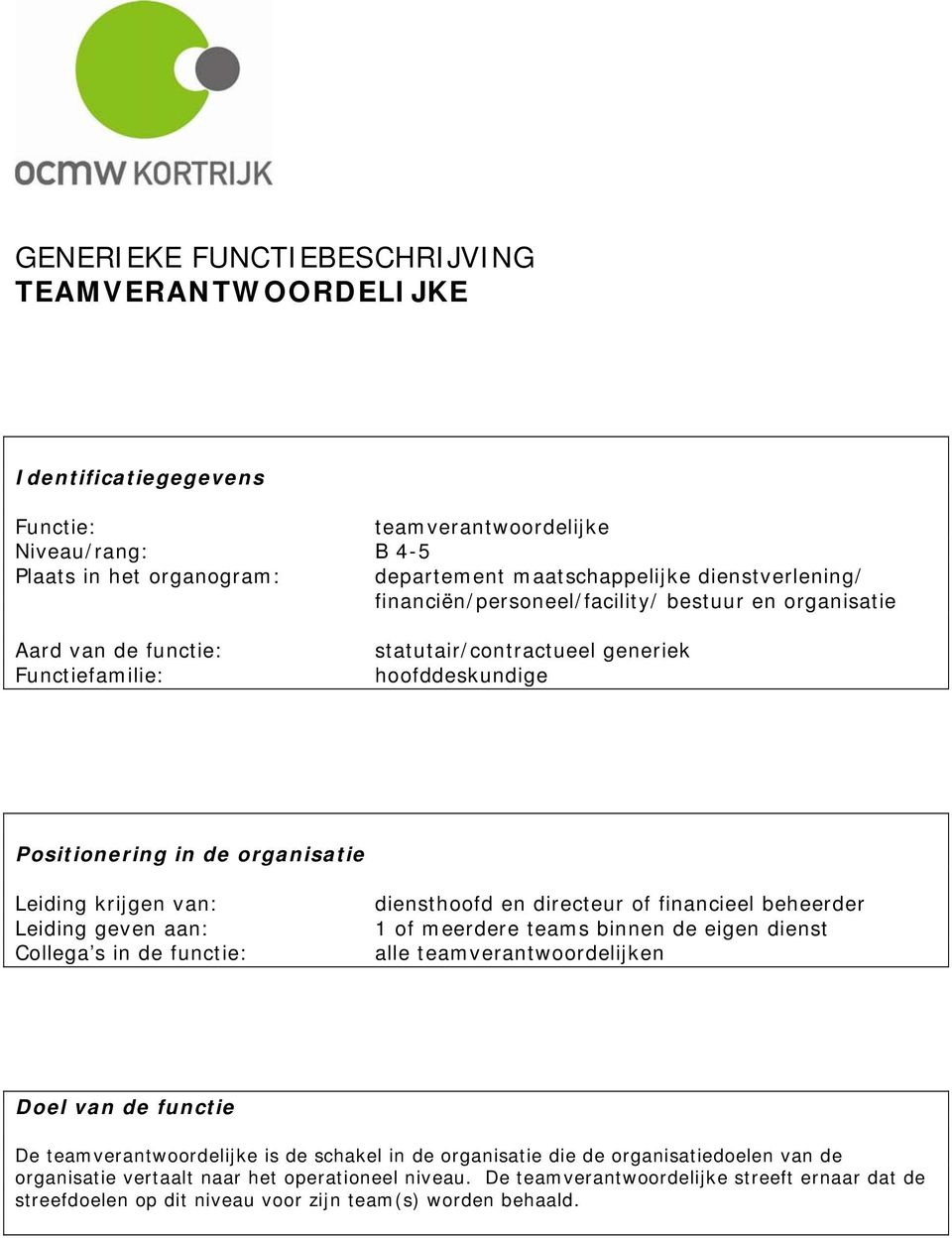 geven aan: Cllega s in de functie: diensthfd en directeur f financieel beheerder 1 f meerdere teams binnen de eigen dienst alle teamverantwrdelijken Del van de functie De teamverantwrdelijke is