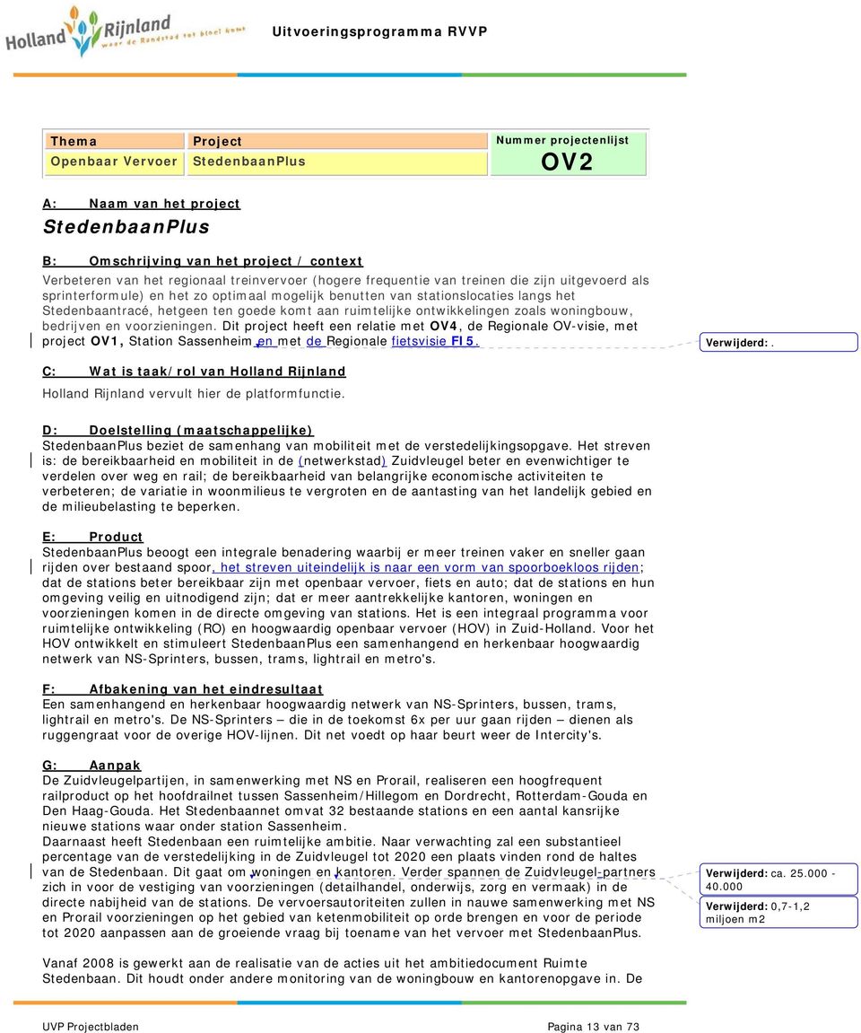 Dit project heeft een relatie met OV4, de Regionale OV-visie, met project OV1, Station Sassenheim en met de Regionale fietsvisie FI5. Verwijderd:. Holland Rijnland vervult hier de platformfunctie.