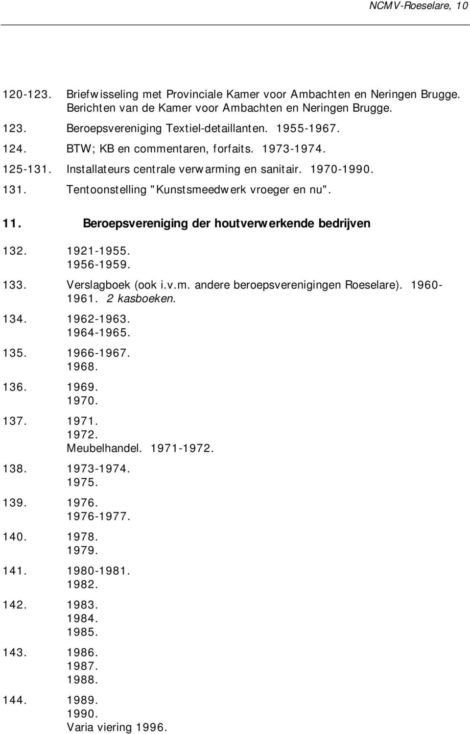 Tentoonstelling "Kunstsmeedwerk vroeger en nu". 11. Beroepsvereniging der houtverwerkende bedrijven 132. 1921-1955. 1956-1959. 133. Verslagboek (ook i.v.m. andere beroepsverenigingen Roeselare).