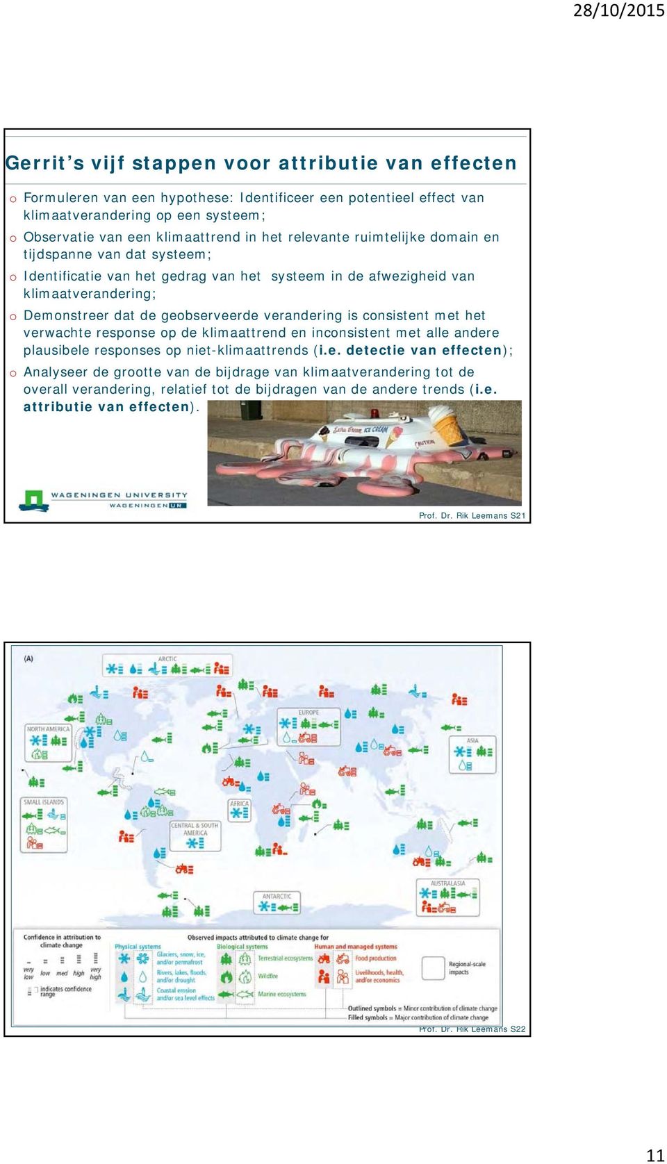 verandering is consistent met het verwachte response op de klimaattrend en inconsistent met alle andere plausibele responses op niet-klimaattrends (i.e. detectie van effecten); o Analyseer de grootte van de bijdrage van klimaatverandering tot de overall verandering, relatief tot de bijdragen van de andere trends (i.