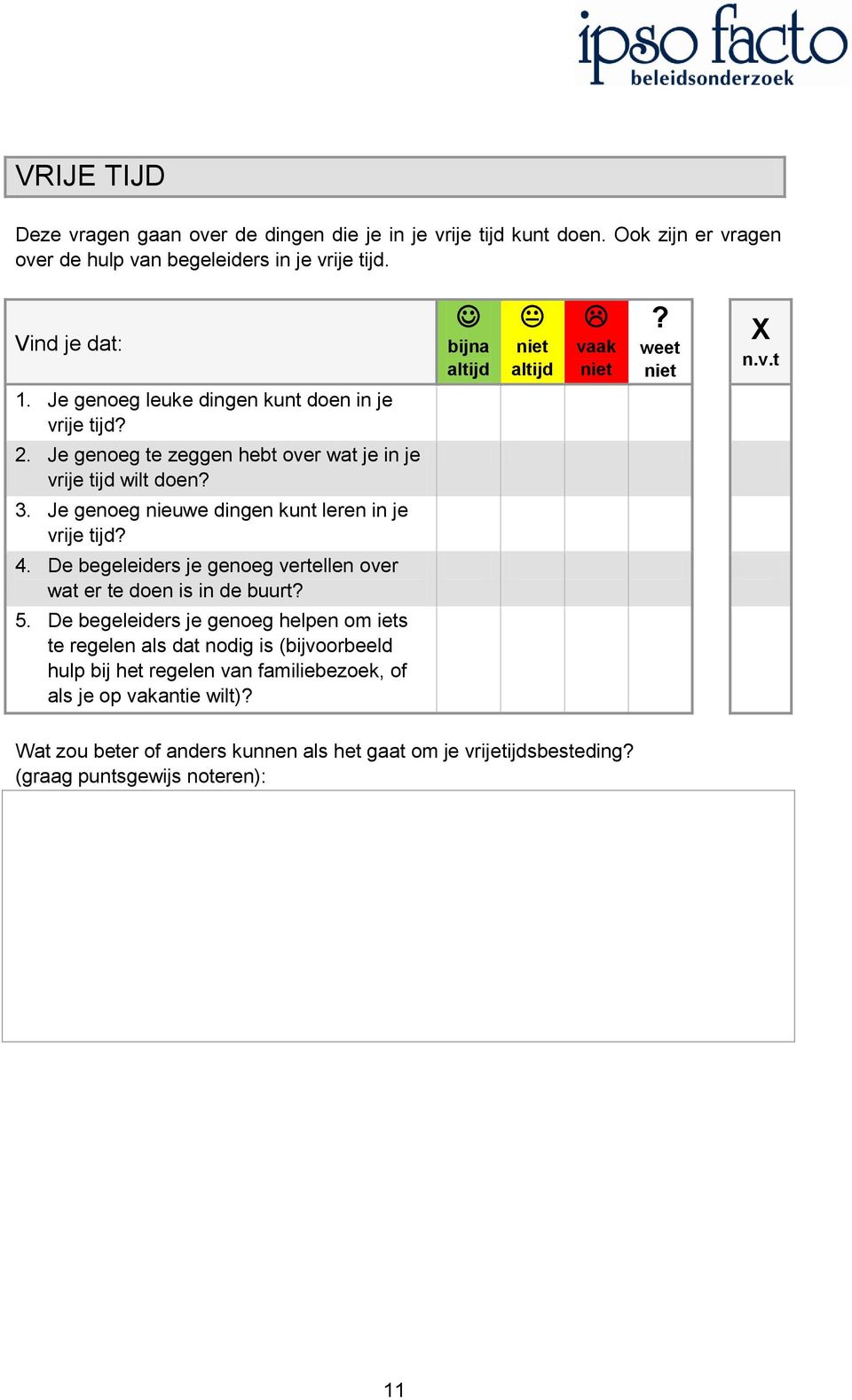 Je genoeg nieuwe dingen kunt leren in je vrije tijd 4. De begeleiders je genoeg vertellen over wat er te doen is in de buurt 5.