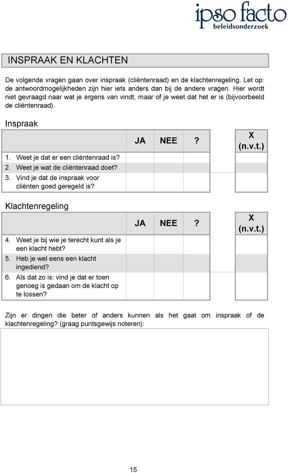 Vind je dat de inspraak voor cliënten goed geregeld is Klachtenregeling 4. Weet je bij wie je terecht kunt als je een klacht hebt 5. Heb je wel eens een klacht ingediend 6.