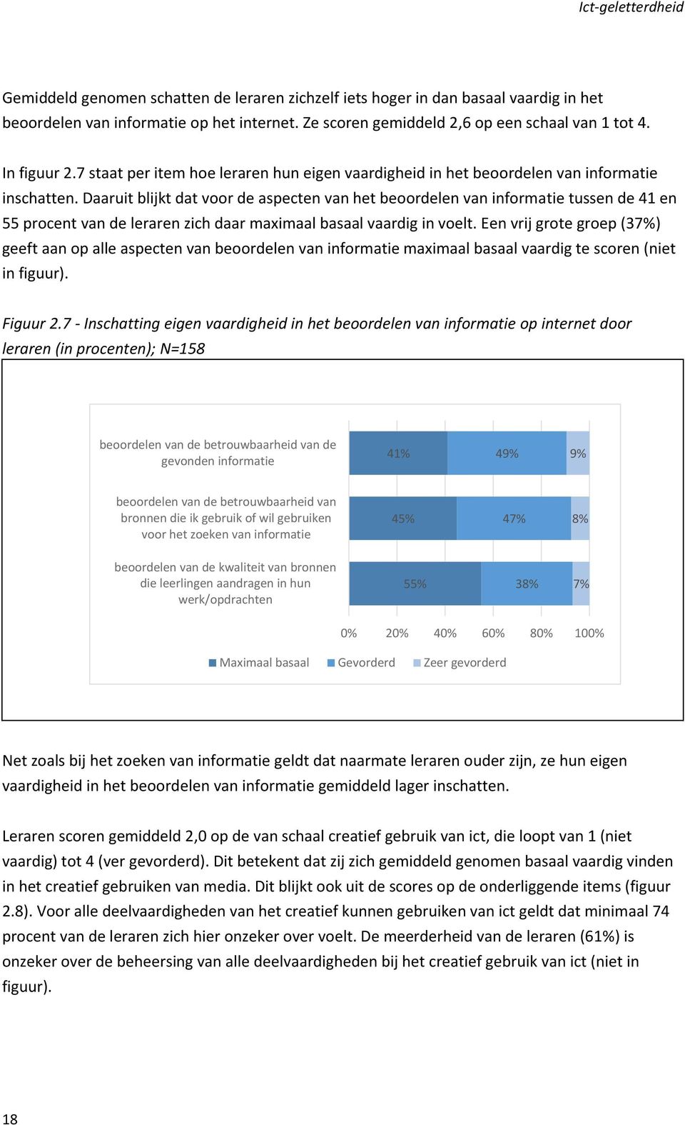 Daaruit blijkt dat voor de aspecten van het beoordelen van informatie tussen de 41 en 55 procent van de leraren zich daar maximaal basaal vaardig in voelt.