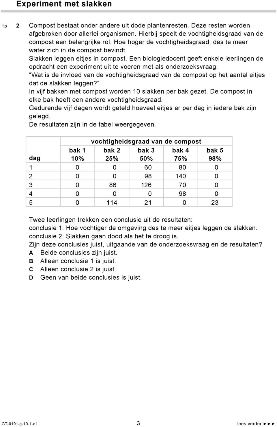 Een biologiedocent geeft enkele leerlingen de opdracht een experiment uit te voeren met als onderzoeksvraag: Wat is de invloed van de vochtigheidsgraad van de compost op het aantal eitjes dat de