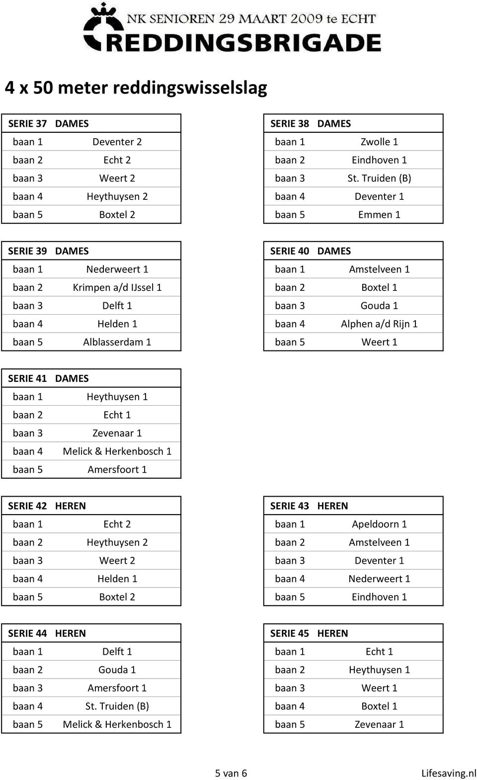 3 Delft 1 baan 3 Gouda 1 baan 4 Helden 1 baan 4 Alphen a/d Rijn 1 baan 5 Alblasserdam 1 baan 5 Weert 1 SERIE 41 DAMES baan 1 Heythuysen 1 baan 2 Echt 1 baan 3 Zevenaar 1 baan 4 Melick & Herkenbosch 1