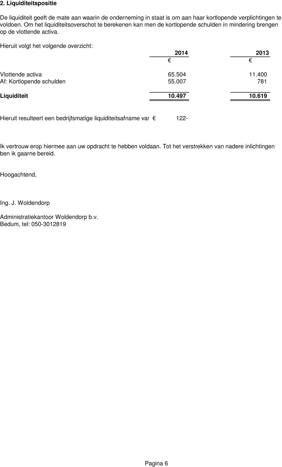 Hieruit volgt het volgende overzicht: Vlottende activa 65.504 11.400 Af: Kortlopende schulden 55.007 781 Liquiditeit 10.497 10.