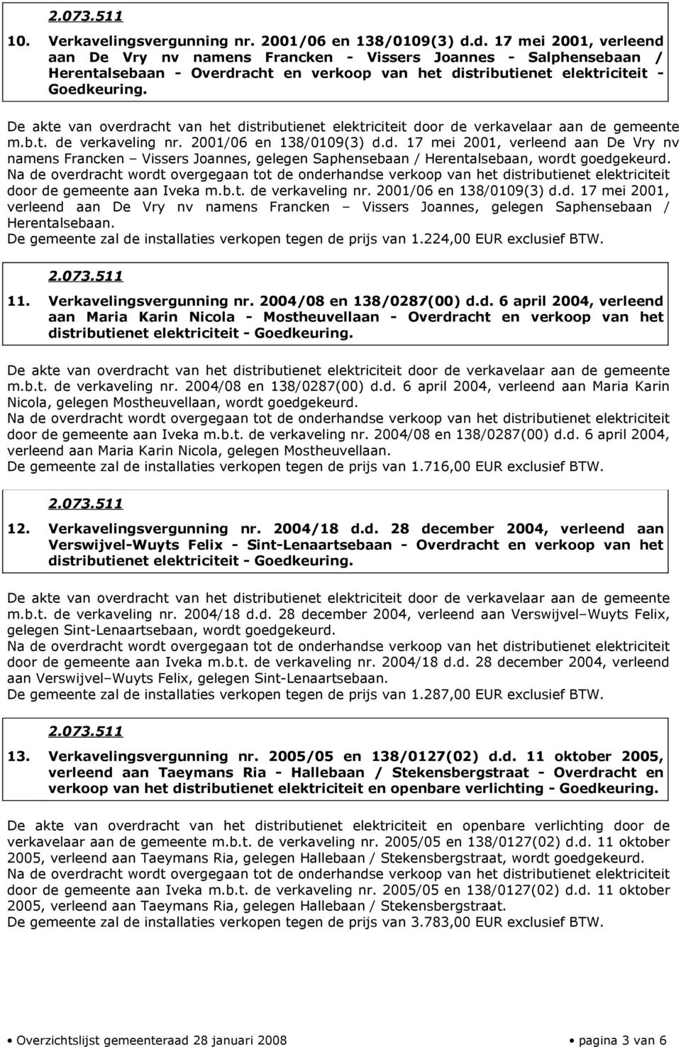 De akte van overdracht van het distributienet elektriciteit door de verkavelaar aan de gemeente m.b.t. de verkaveling nr. 2001/06 en 138/0109(3) d.d. 17 mei 2001, verleend aan De Vry nv namens Francken Vissers Joannes, gelegen Saphensebaan / Herentalsebaan, wordt goedgekeurd.