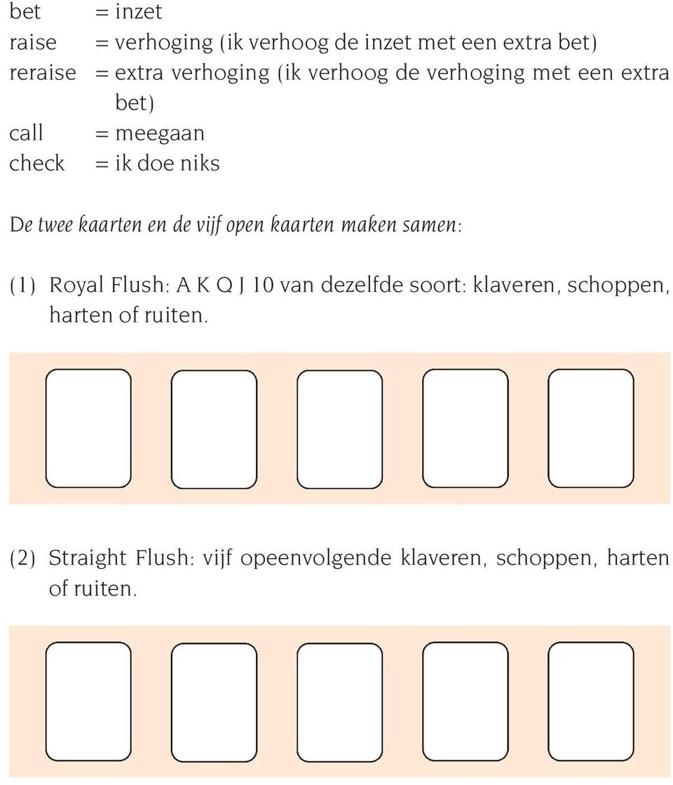 de vijf open kaarten maken samen: (1) Royal Flush: A K Q J 10 van dezelfde soort: klaveren,