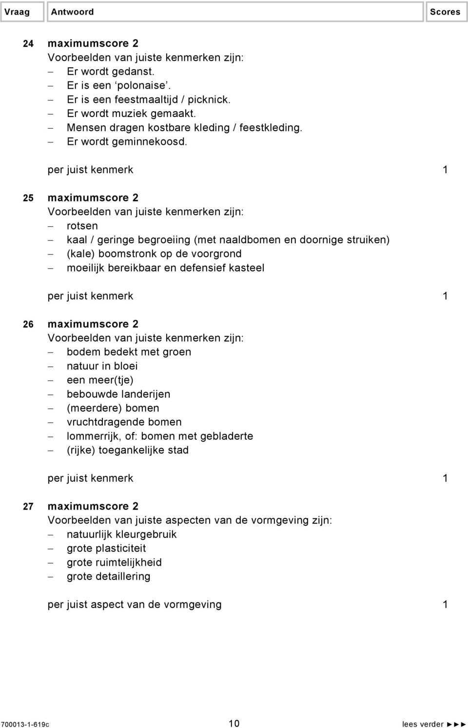 bedekt met groen natuur in bloei een meer(tje) bebouwde landerijen (meerdere) bomen vruchtdragende bomen lommerrijk, of: bomen met gebladerte (rijke) toegankelijke stad 27 maximumscore 2