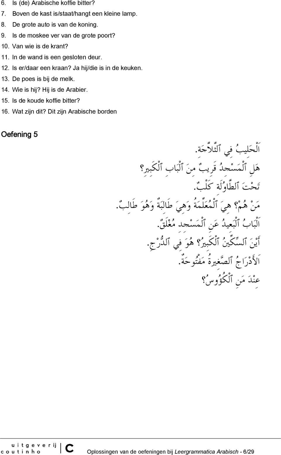 Wat zijn dit? Dit zijn Arabische borden Oefening 5 ا لح ل يب ف ي ٱل ث لاج ة. ه ل ٱ لم س ج د قر يب م ن ٱ لب ا ب ٱ ل كب ير ت ح ت ٱل طاو لة ك ل ب.