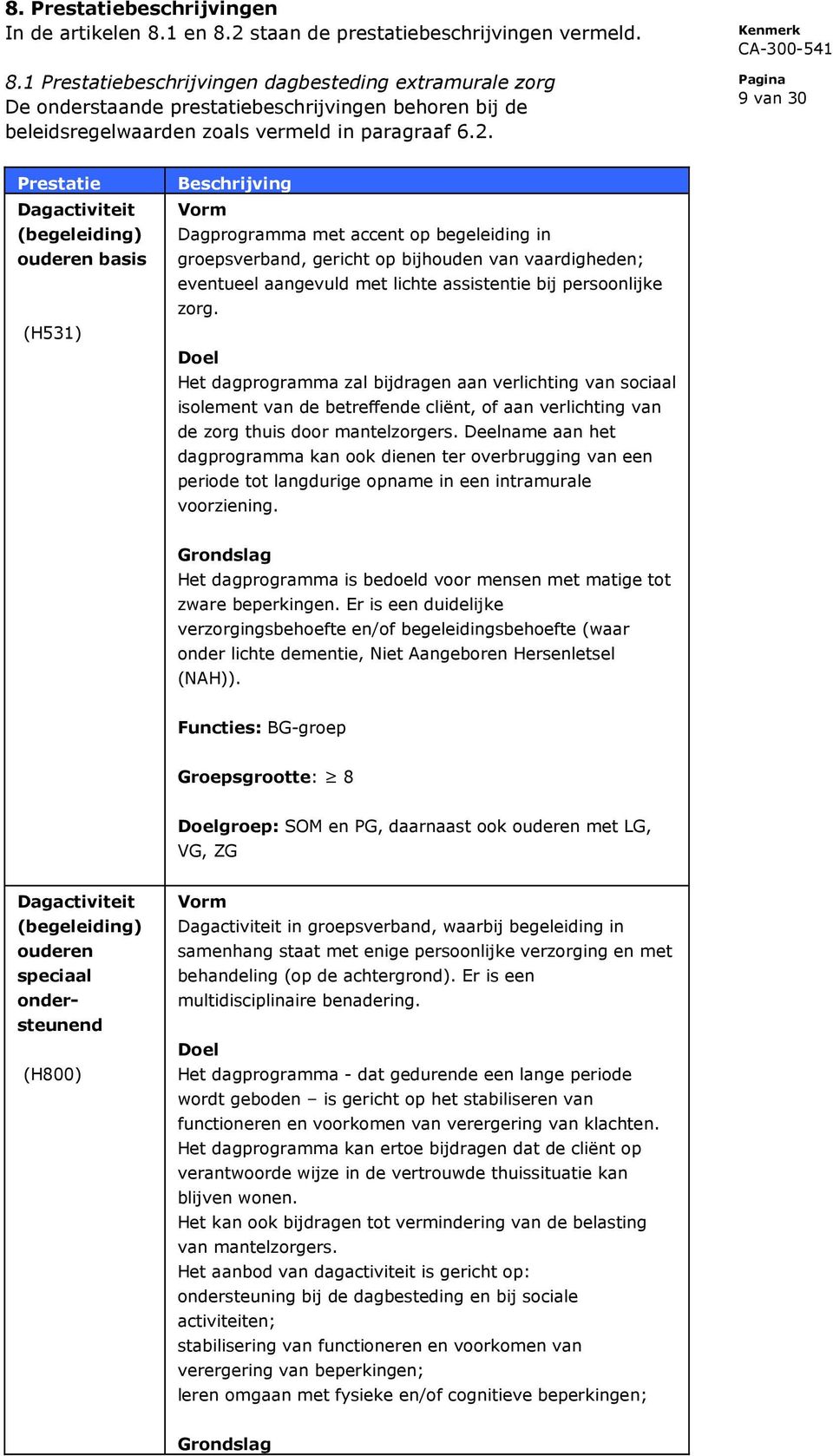 2. 9 van 30 Prestatie Dagactiviteit (begeleiding) ouderen basis (H531) Beschrijving Dagprogramma met accent op begeleiding in groepsverband, gericht op bijhouden van vaardigheden; eventueel aangevuld