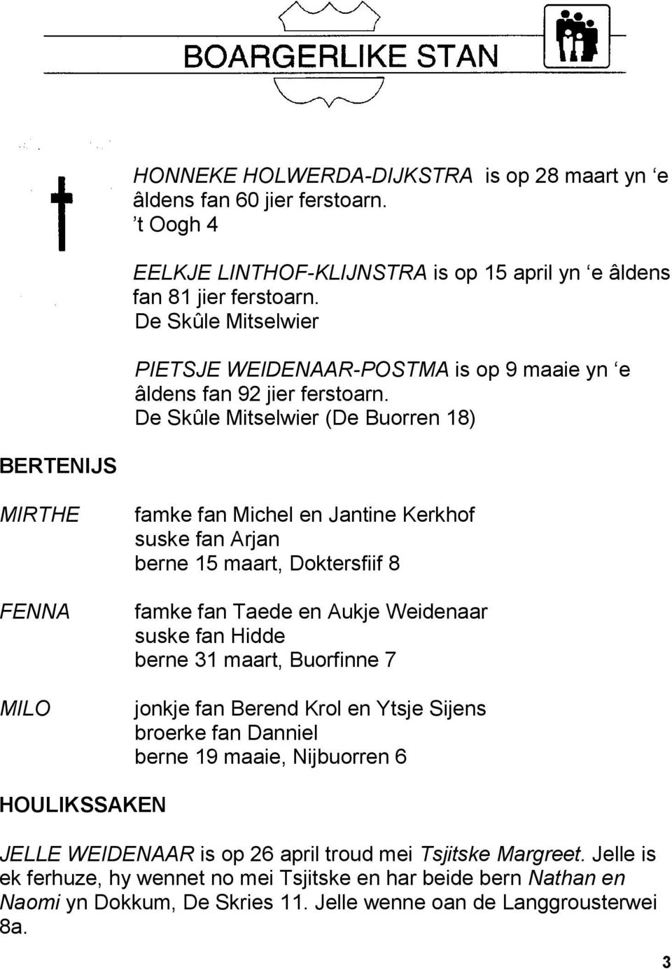 De Skûle Mitselwier (De Buorren 18) BERTENIJS MIRTHE FENNA MILO famke fan Michel en Jantine Kerkhof suske fan Arjan berne 15 maart, Doktersfiif 8 famke fan Taede en Aukje Weidenaar suske fan Hidde