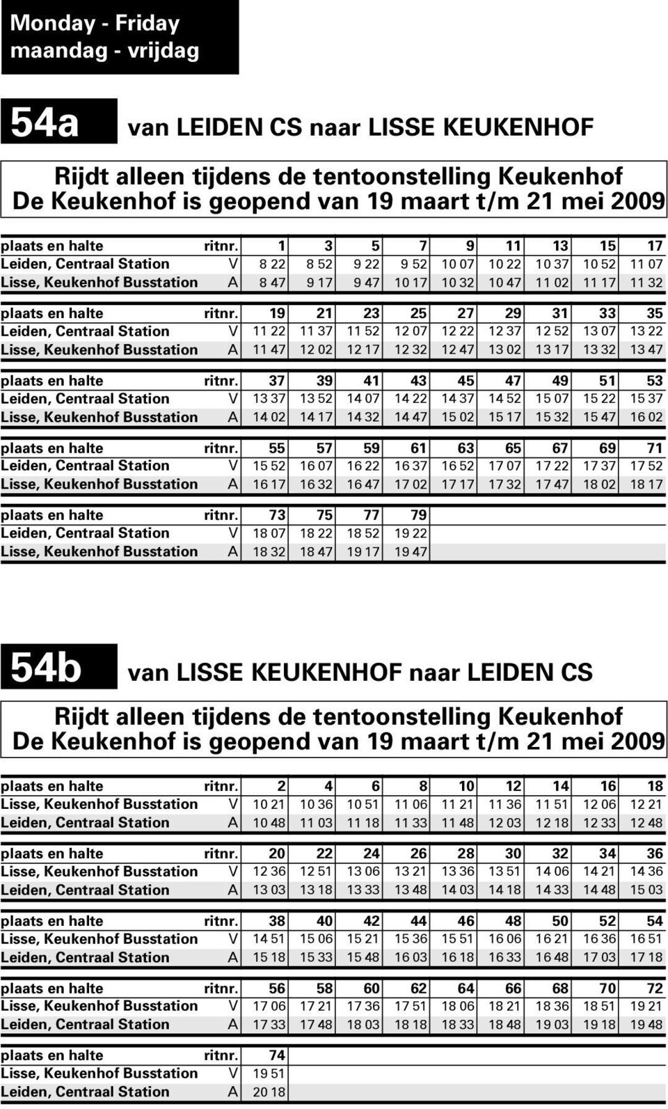 19 1 3 5 7 9 31 33 35 Leiden, Centraal Station V 11 11 37 11 5 1 07 1 1 37 1 5 13 07 13 Lisse, Keukenhof Busstation A 11 47 1 0 1 17 1 3 1 47 13 0 13 17 13 3 13 47 plaats en halte ritnr.