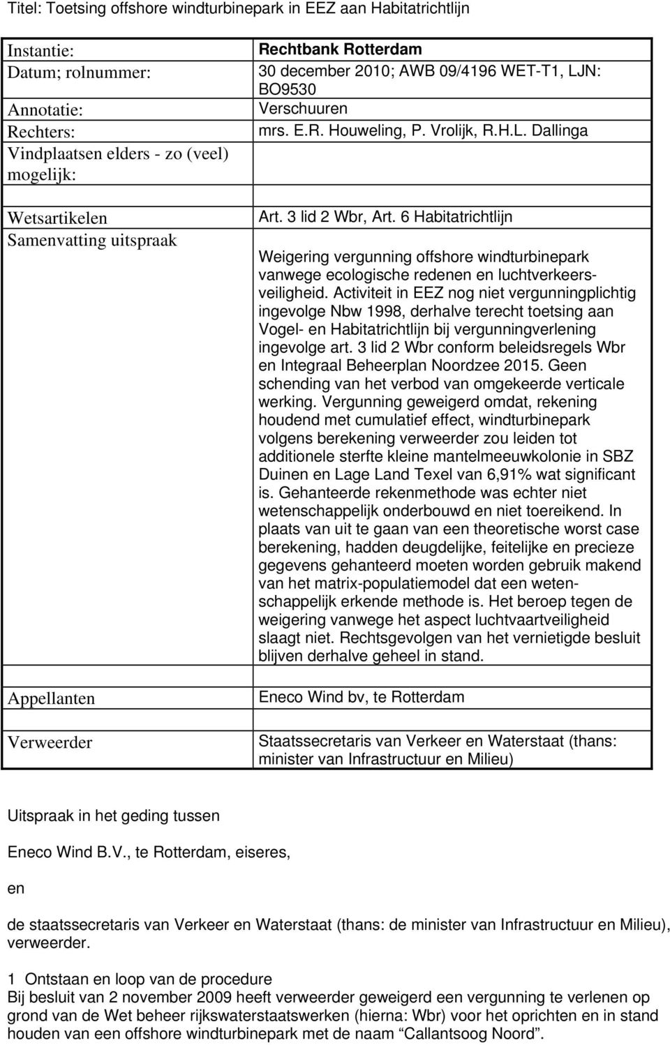 6 Habitatrichtlijn Weigering vergunning offshore windturbinepark vanwege ecologische redenen en luchtverkeersveiligheid.