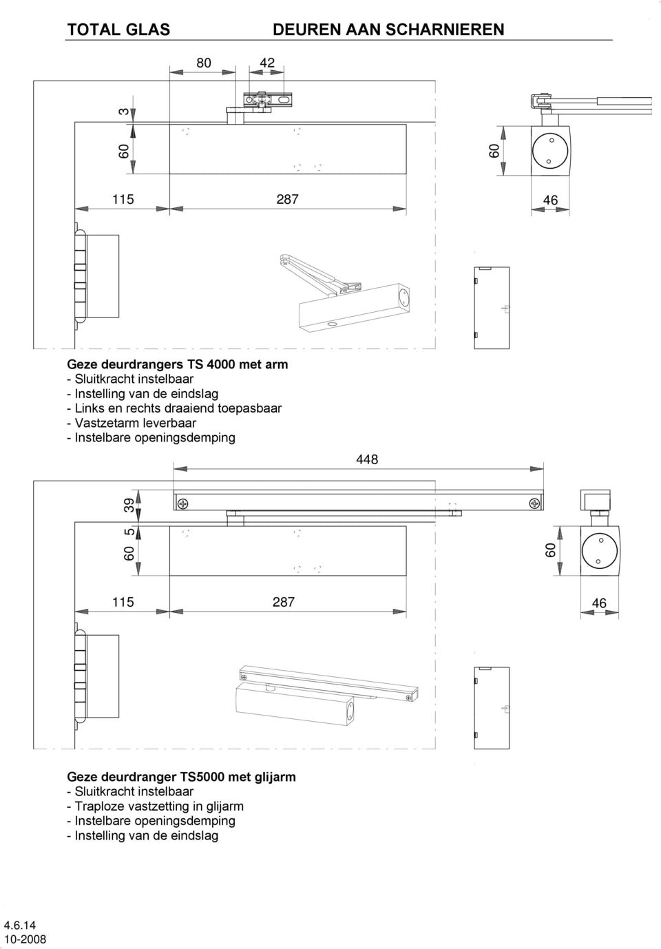Instelbare openingsdemping 448 115 287 46 Geze deurdranger TS5000 met glijarm - Sluitkracht