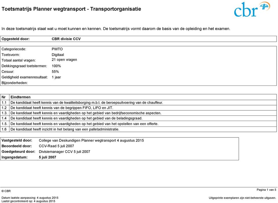 jaar Nr Eindtermen 1.1 De kandidaat heeft kennis van de kwaliteitsborging m.b.t. de beroepsuitvoering van de chauffeur. 1.2 De kandidaat heeft kennis van de begrippen FIFO, LIFO en JIT. 1.3.