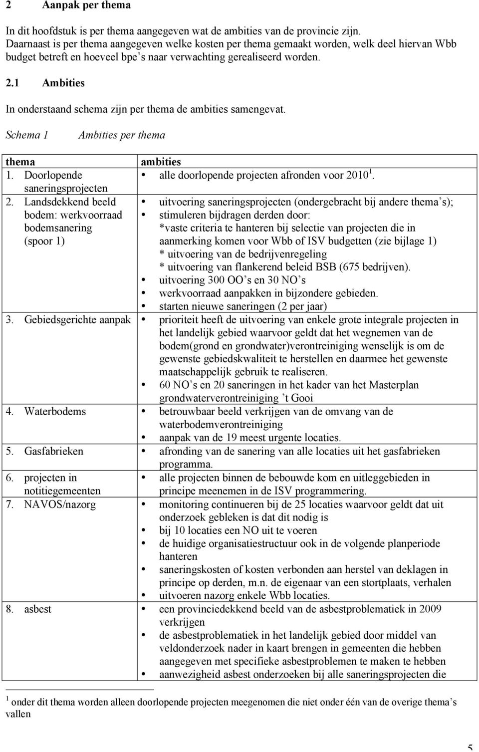 1 Ambities In onderstaand schema zijn per thema de ambities samengevat. Schema 1 Ambities per thema thema 1. Doorlopende saneringsprojecten 2.