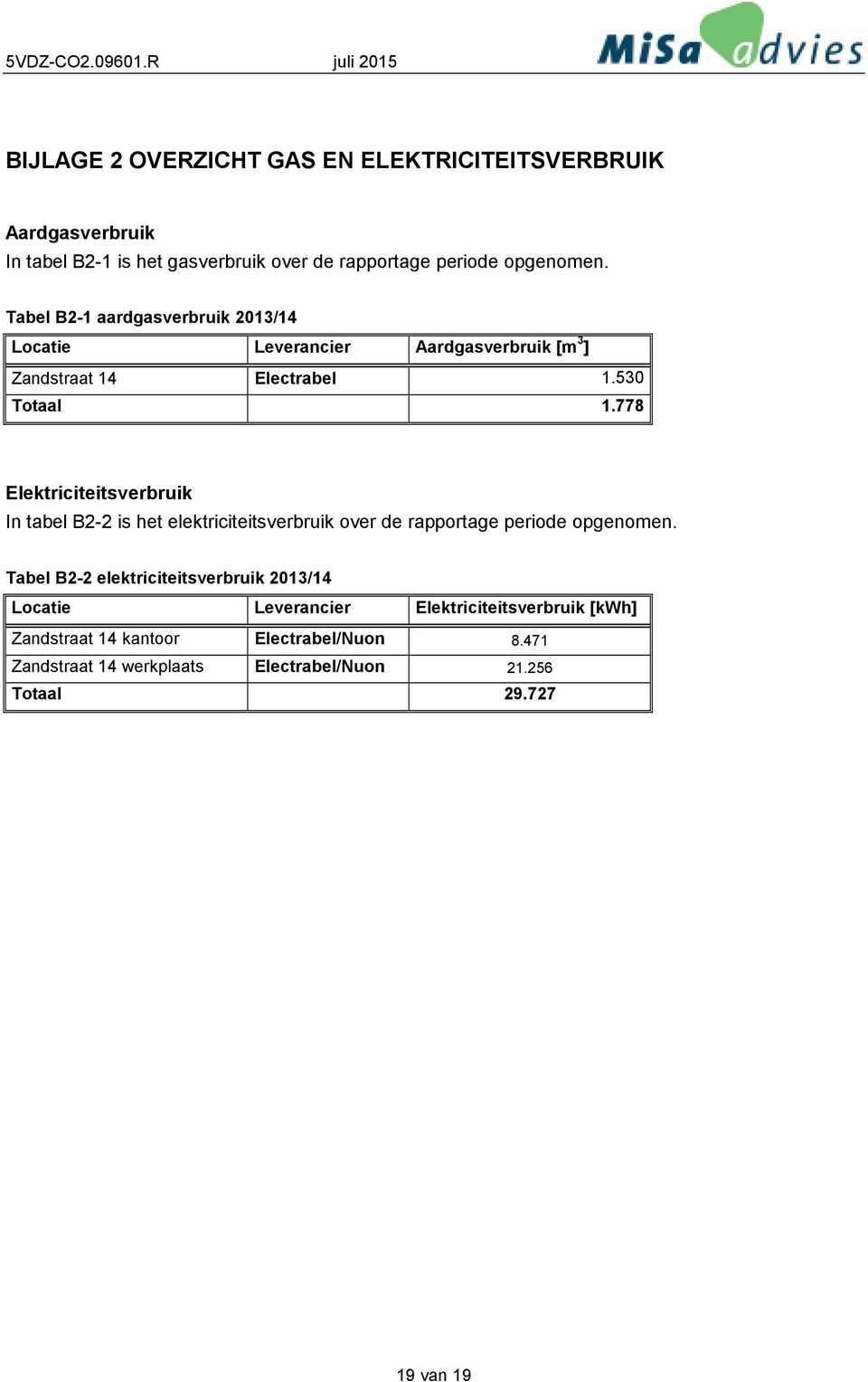 778 Elektriciteitsverbruik In tabel B2-2 is het elektriciteitsverbruik over de rapportage periode opgenomen.