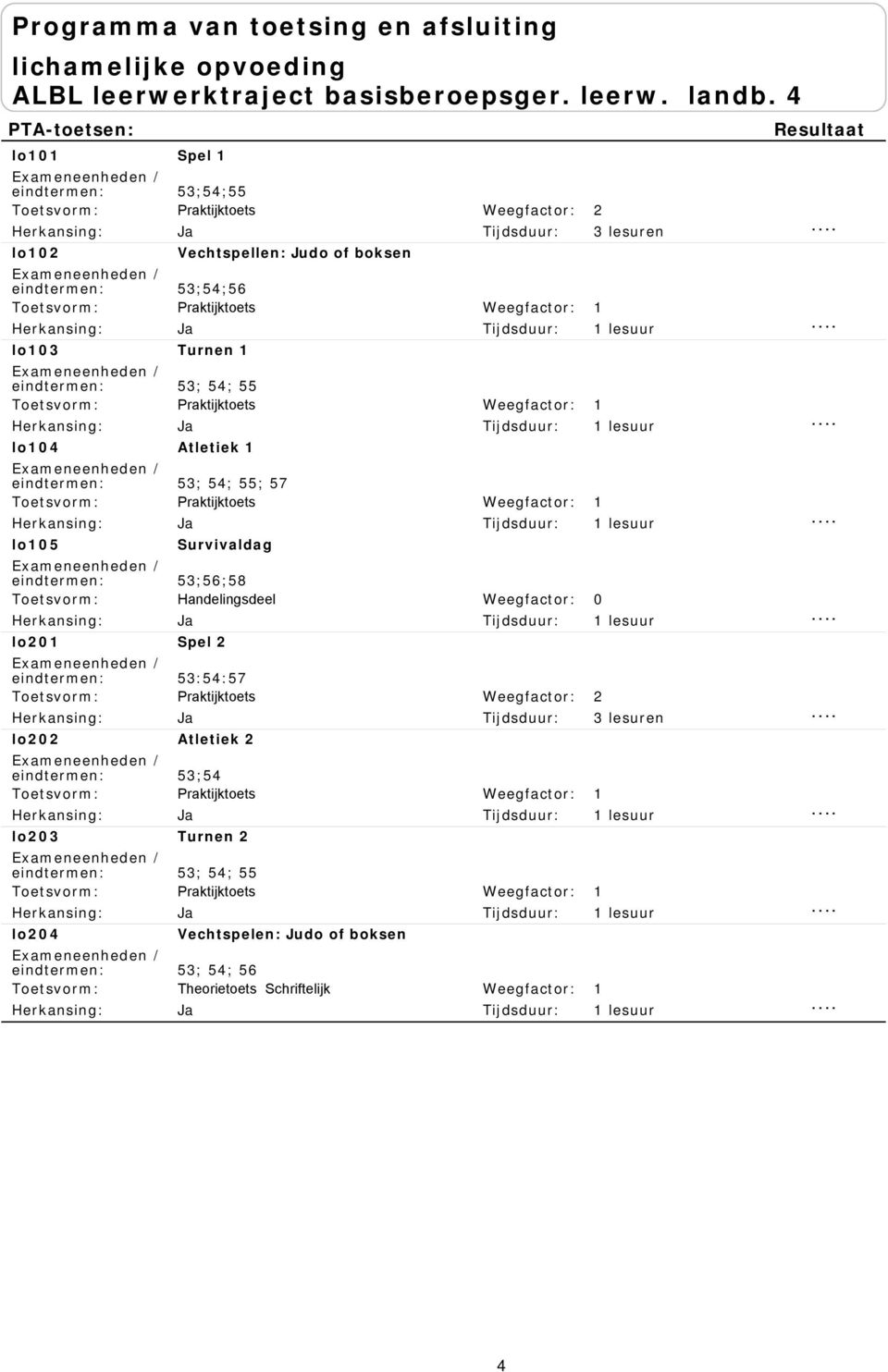 lo Survivaldag 53:54:57 Praktijktoets lo Spel 53;54 Praktijktoets lo3 Atletiek 53; 54; 55 Praktijktoets lo4