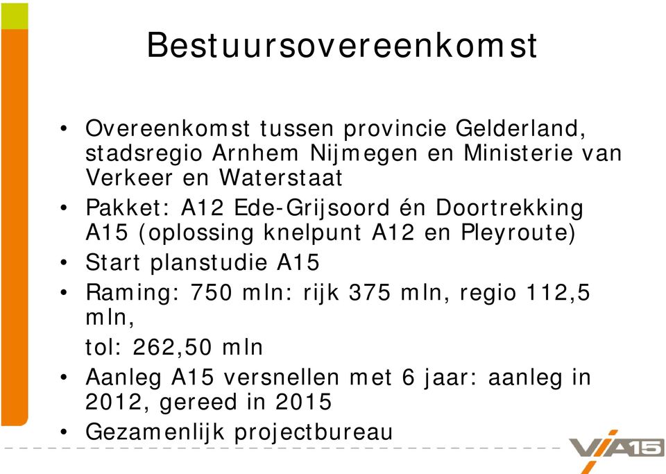 knelpunt A12 en Pleyroute) Start planstudie A15 Raming: 750 mln: rijk 375 mln, regio 112,5 mln,