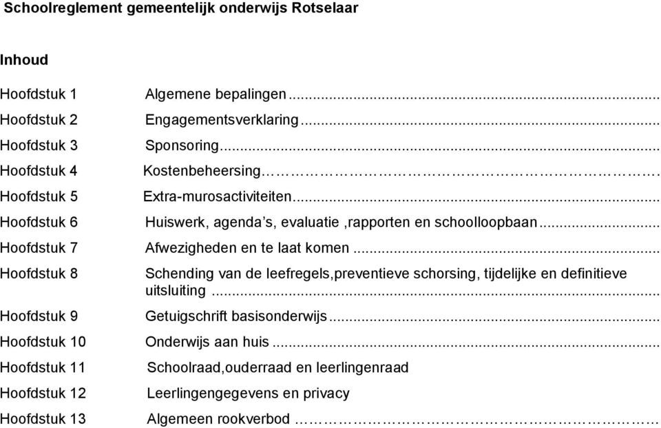 .. Hoofdstuk 7 Afwezigheden en te laat komen... Hoofdstuk 8 Schending van de leefregels,preventieve schorsing, tijdelijke en definitieve uitsluiting.