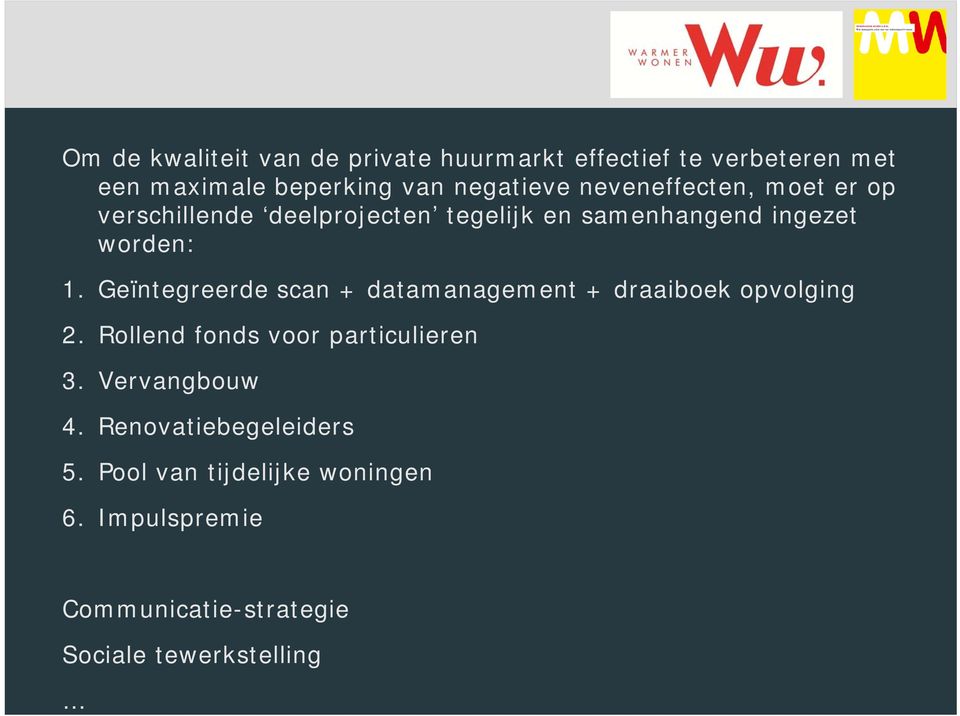 Geïntegreerde scan + datamanagement + draaiboek opvolging 2. Rollend fonds voor particulieren 3.
