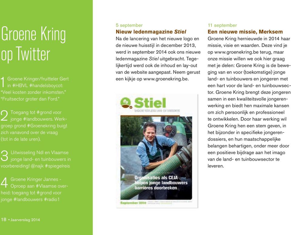 @najk #spiegelreis 4 Groene Kringer Jannes - Oproep aan #Vlaamse overheid: toegang tot #grond voor jonge #landbouwers #radio1 5 september Nieuw ledenmagazine Stiel Na de lancering van het nieuwe logo
